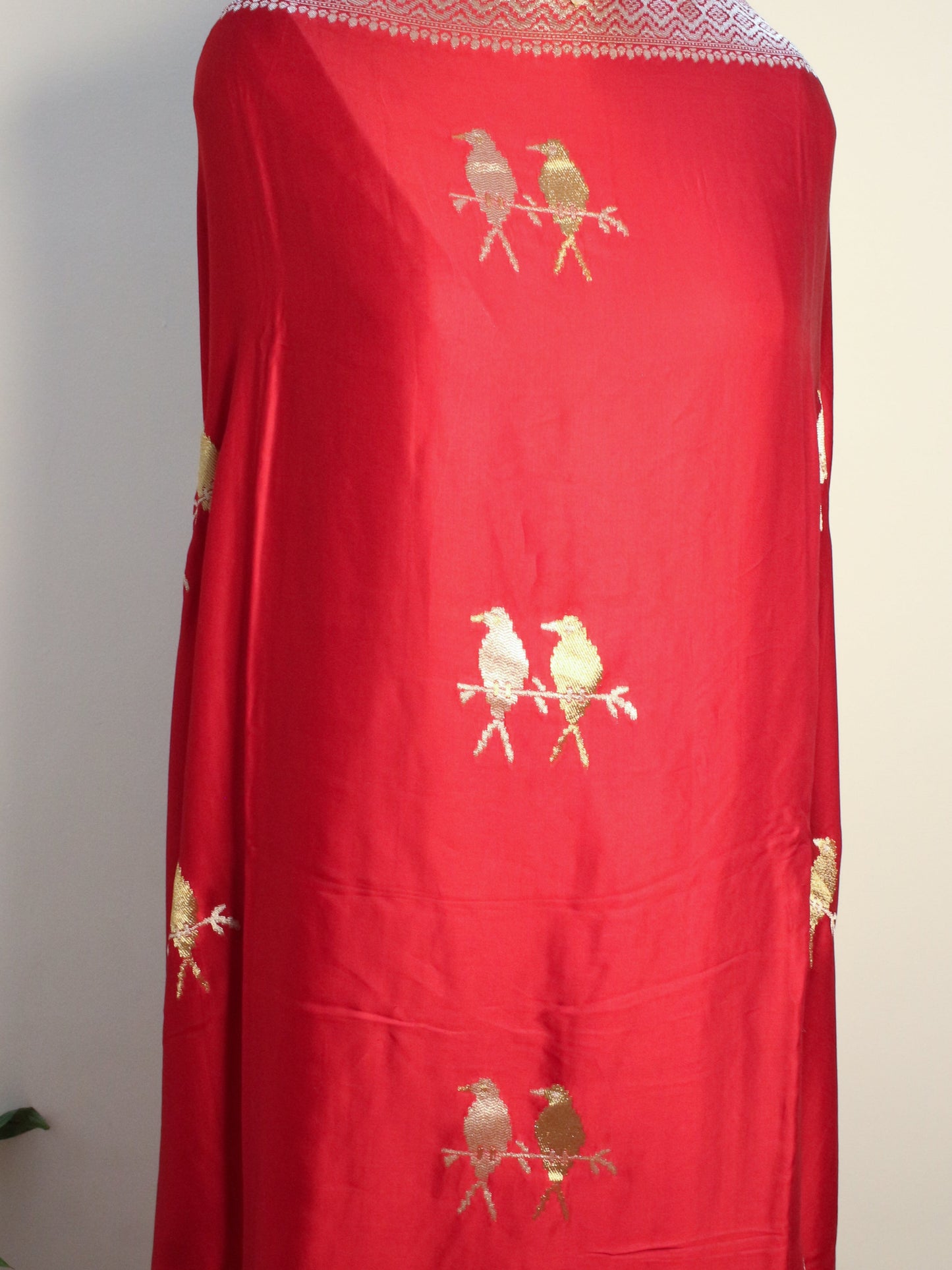 Red Banarasi Mashru Silk Saree with Silver and gold Zari bird Motifs