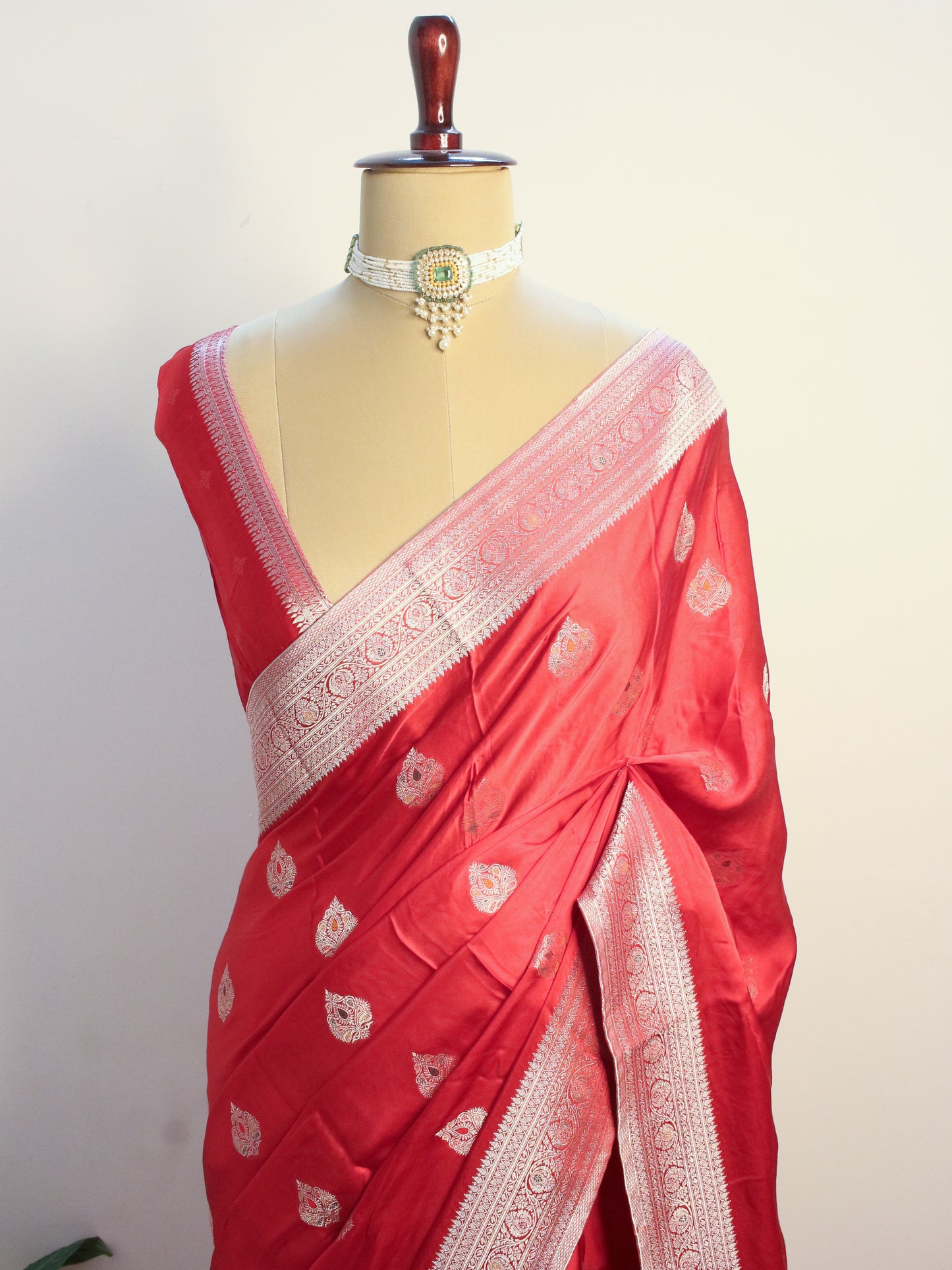 Red Banarasi Mashru Silk Saree with Subtle Zari Buti and Border