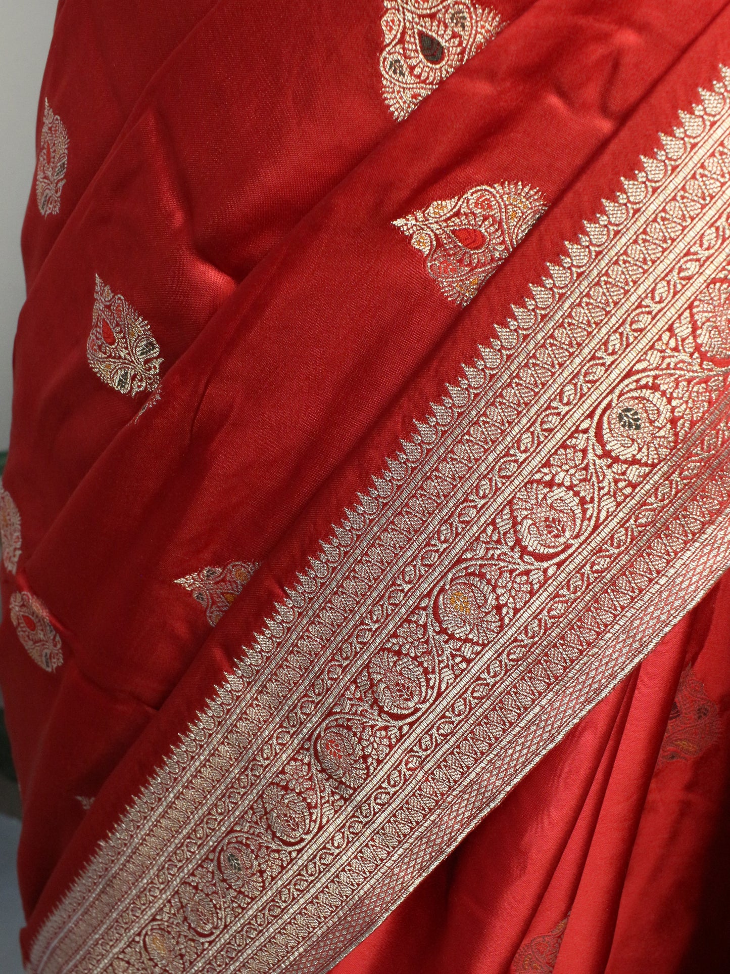 Red Banarasi Mashru Silk Saree with Subtle Zari Buti and Border