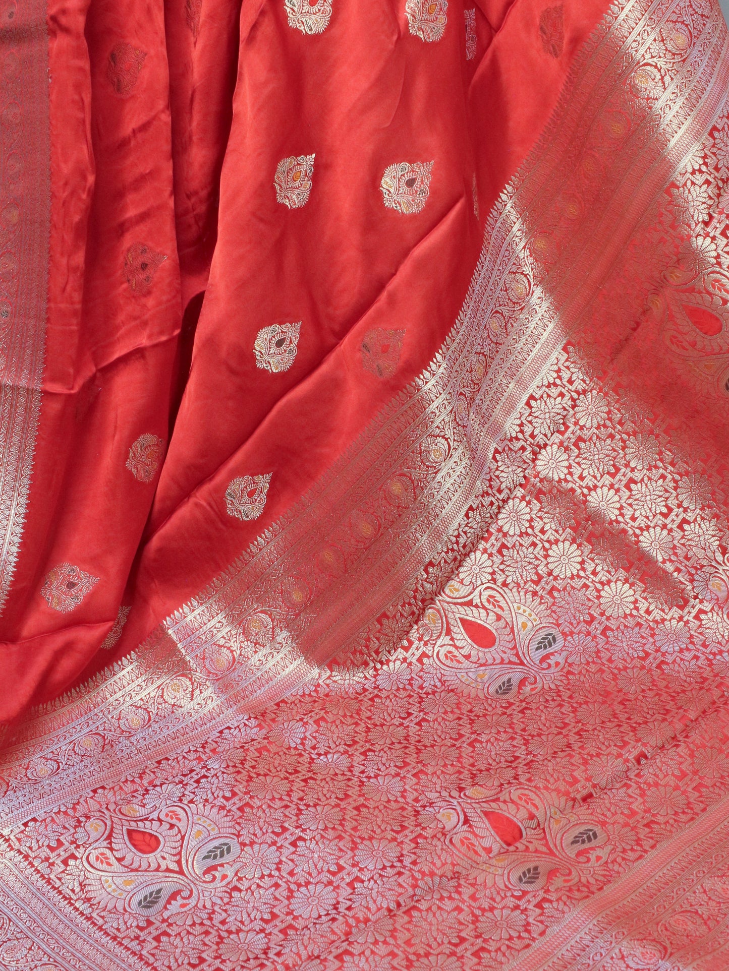 Red Banarasi Mashru Silk Saree with Subtle Zari Buti and Border