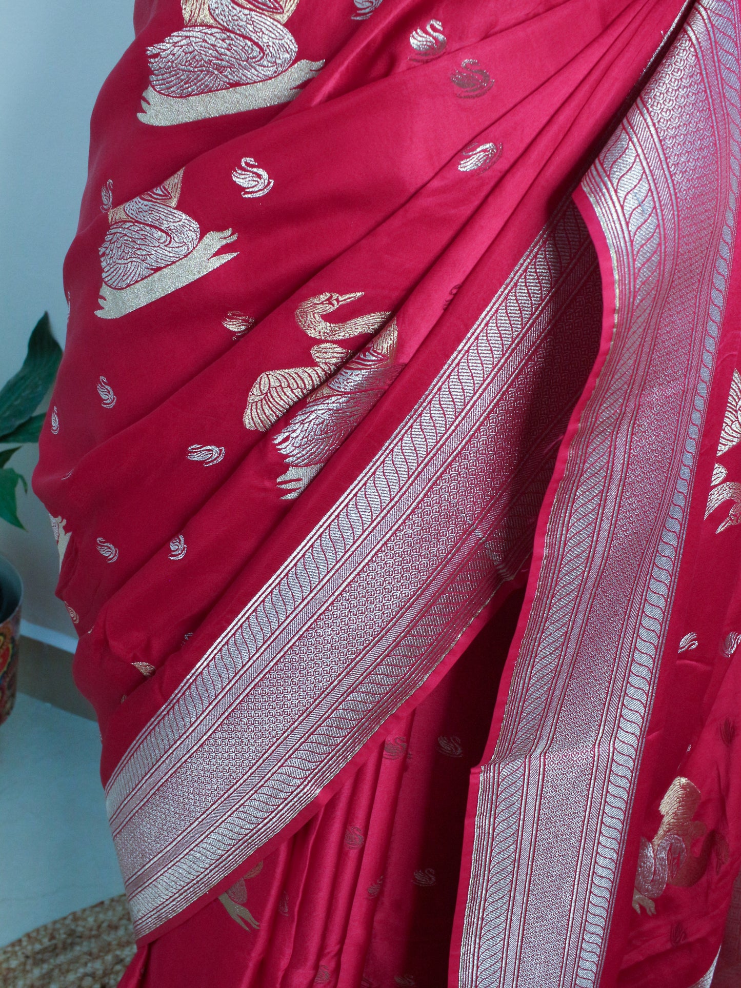 Pink Banarasi Mashru Silk Saree with Silver Zari Swan Motifs