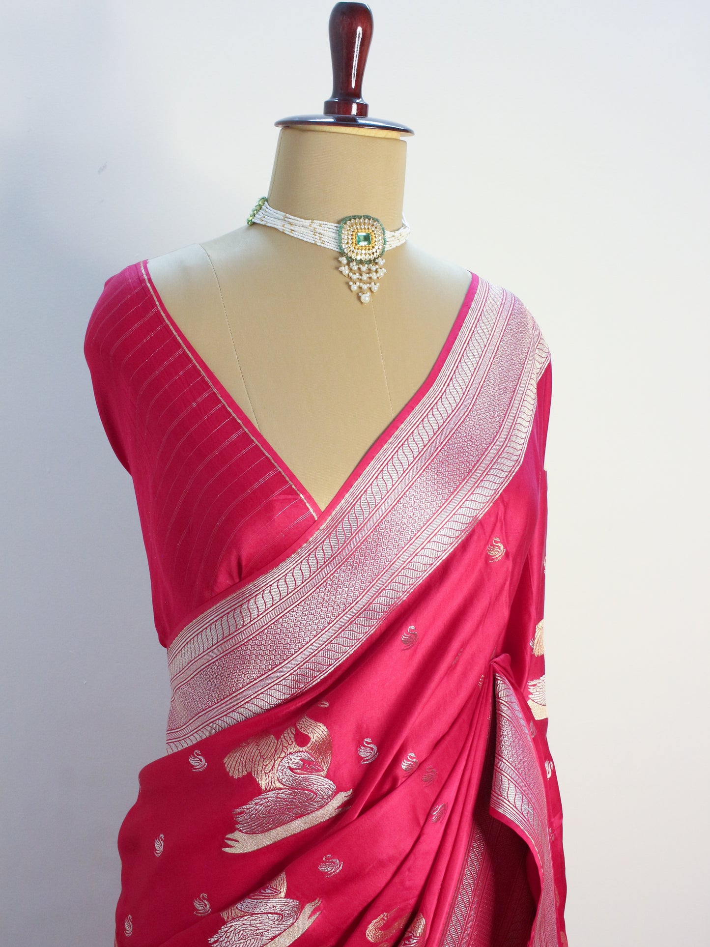 Pink Banarasi Mashru Silk Saree with Silver Zari Swan Motifs