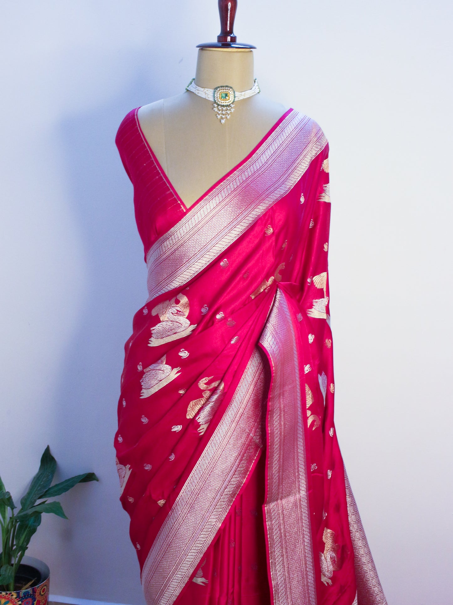 Pink Banarasi Mashru Silk Saree with Silver Zari Swan Motifs