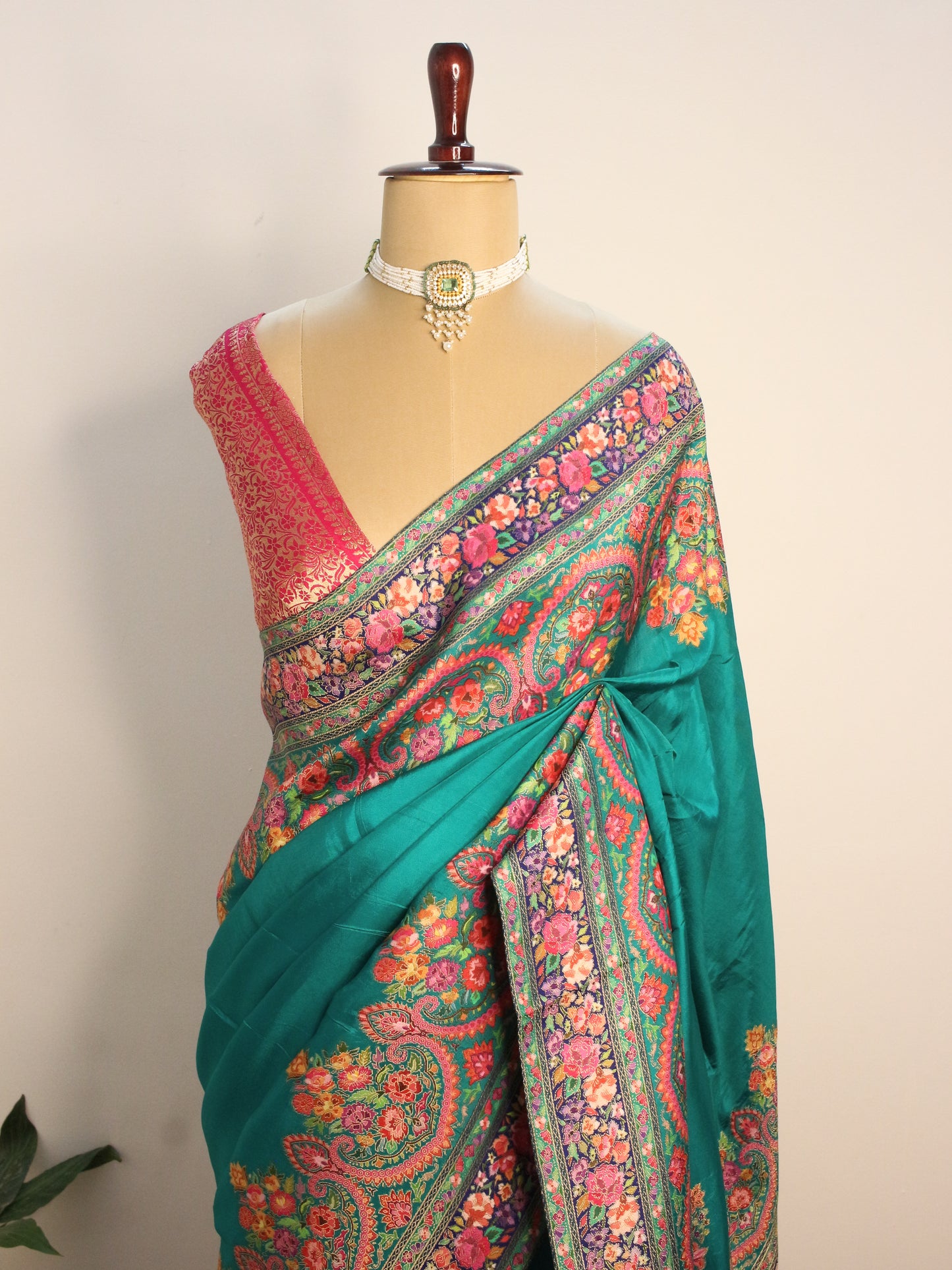 Sea green Kashmiri emporium Kanni Silk Saree with Multicolor Floral Weave