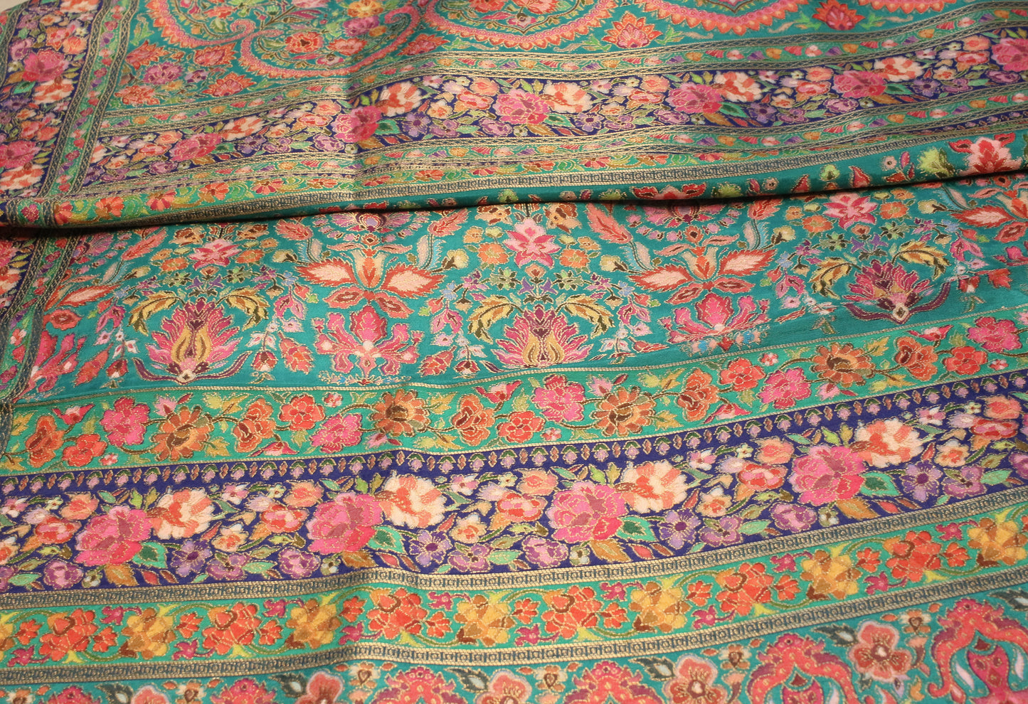 Sea green Kashmiri emporium Kanni Silk Saree with Multicolor Floral Weave
