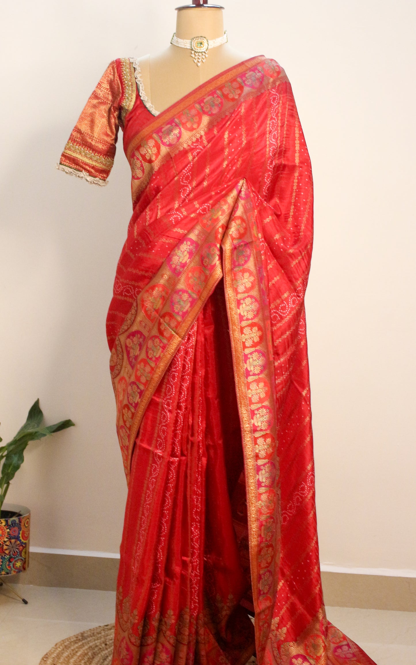 Red Kani Silk Saree with Bandhani Design & Gold Zari Weaving