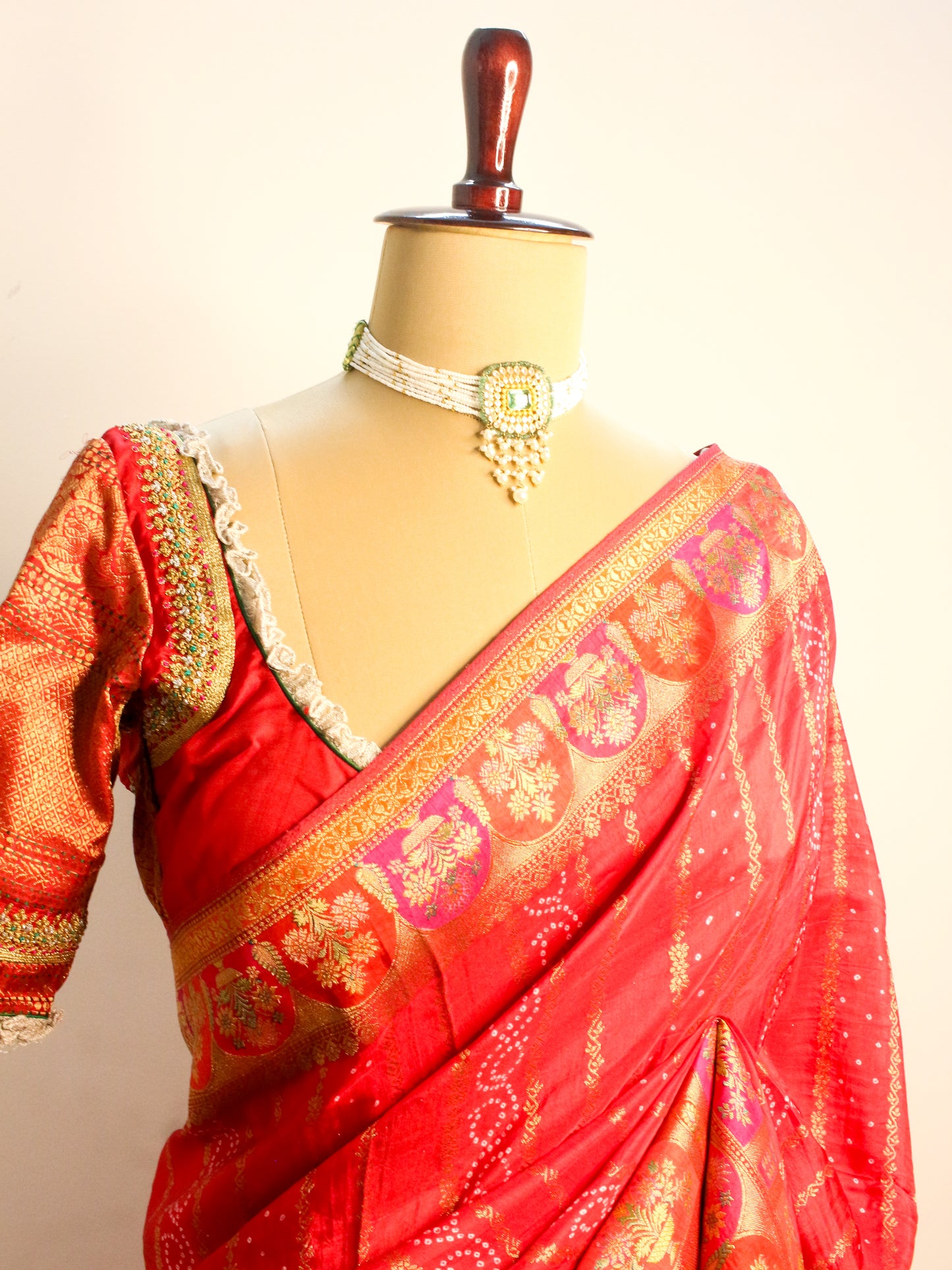 Red Kani Silk Saree with Bandhani Design & Gold Zari Weaving