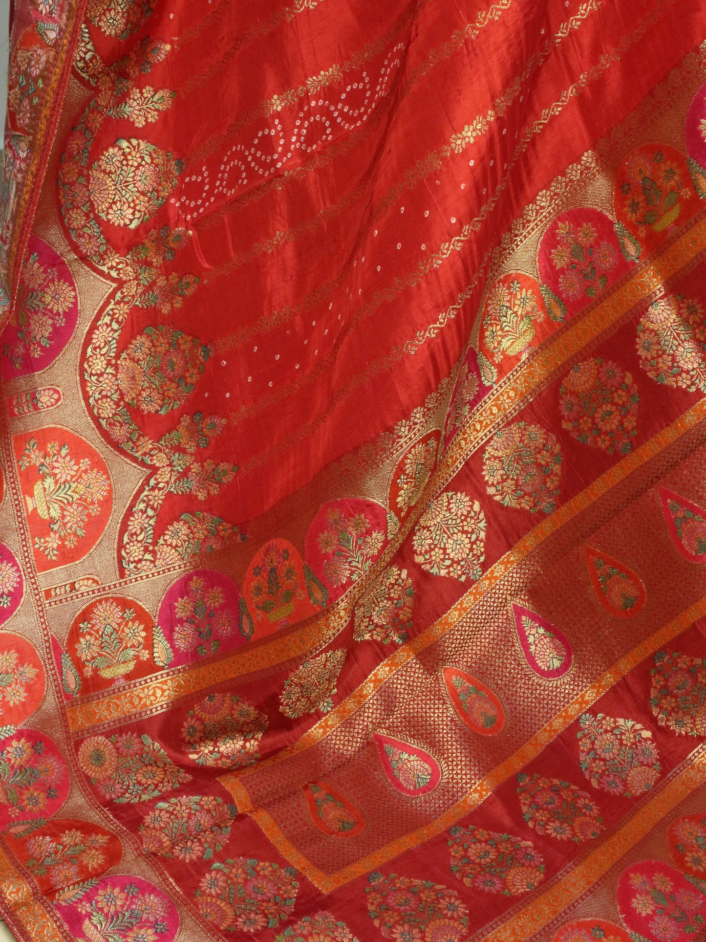 Red Kani Silk Saree with Bandhani Design & Gold Zari Weaving