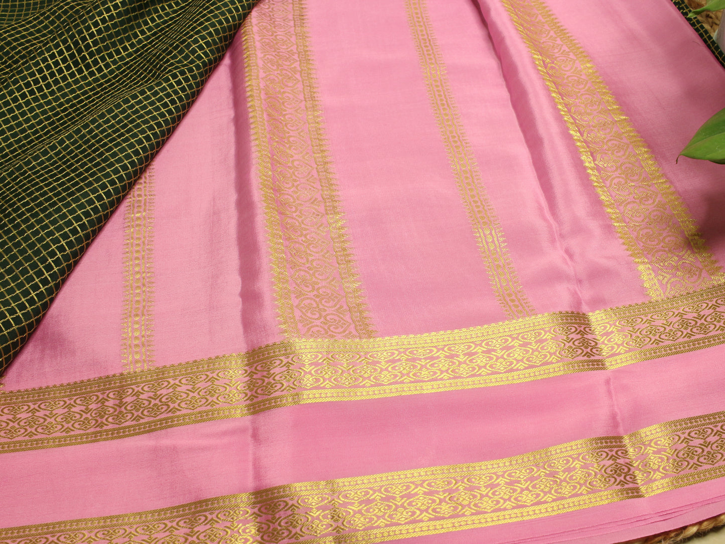 Elegant Bottle Green Mysore Silk Saree with Baby Pink Zari Border | 140 GSM Pure Silk