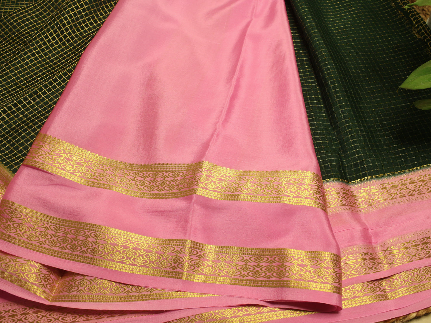 Elegant Bottle Green Mysore Silk Saree with Baby Pink Zari Border | 140 GSM Pure Silk