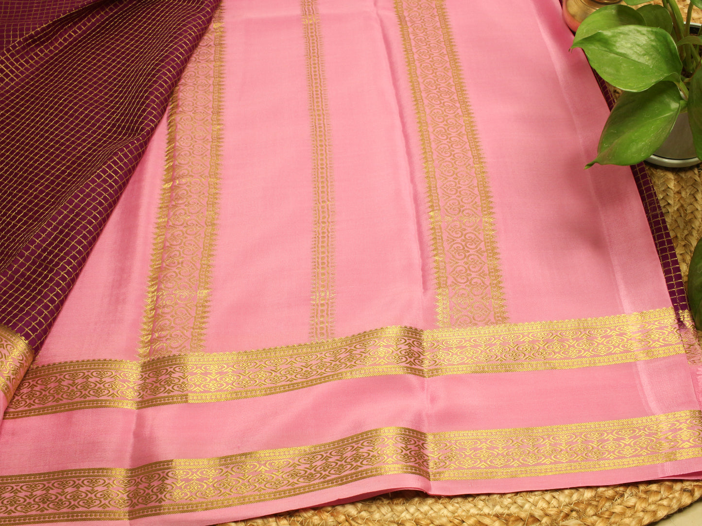 Royal Purple Mysore Silk Crepe Saree with baby Pink Zari Border | 140 GSM Pure Silk Elegance