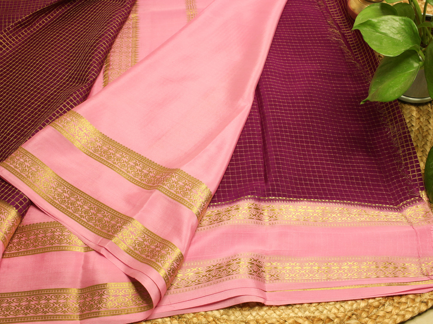 Royal Purple Mysore Silk Crepe Saree with baby Pink Zari Border | 140 GSM Pure Silk Elegance