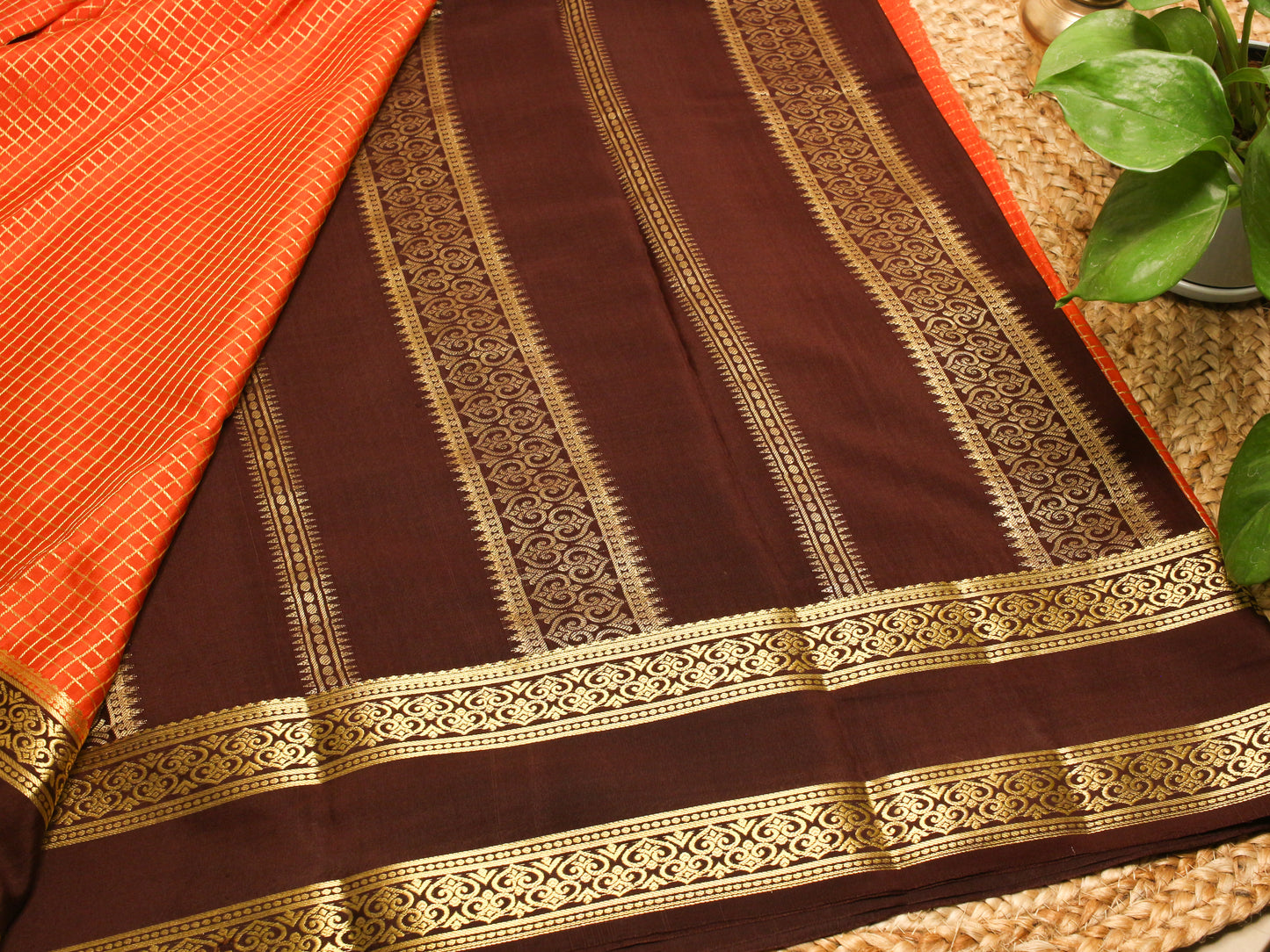Mysore Silk Crepe Saree - Rust Orange with brown Border | 140 GSM Elegance