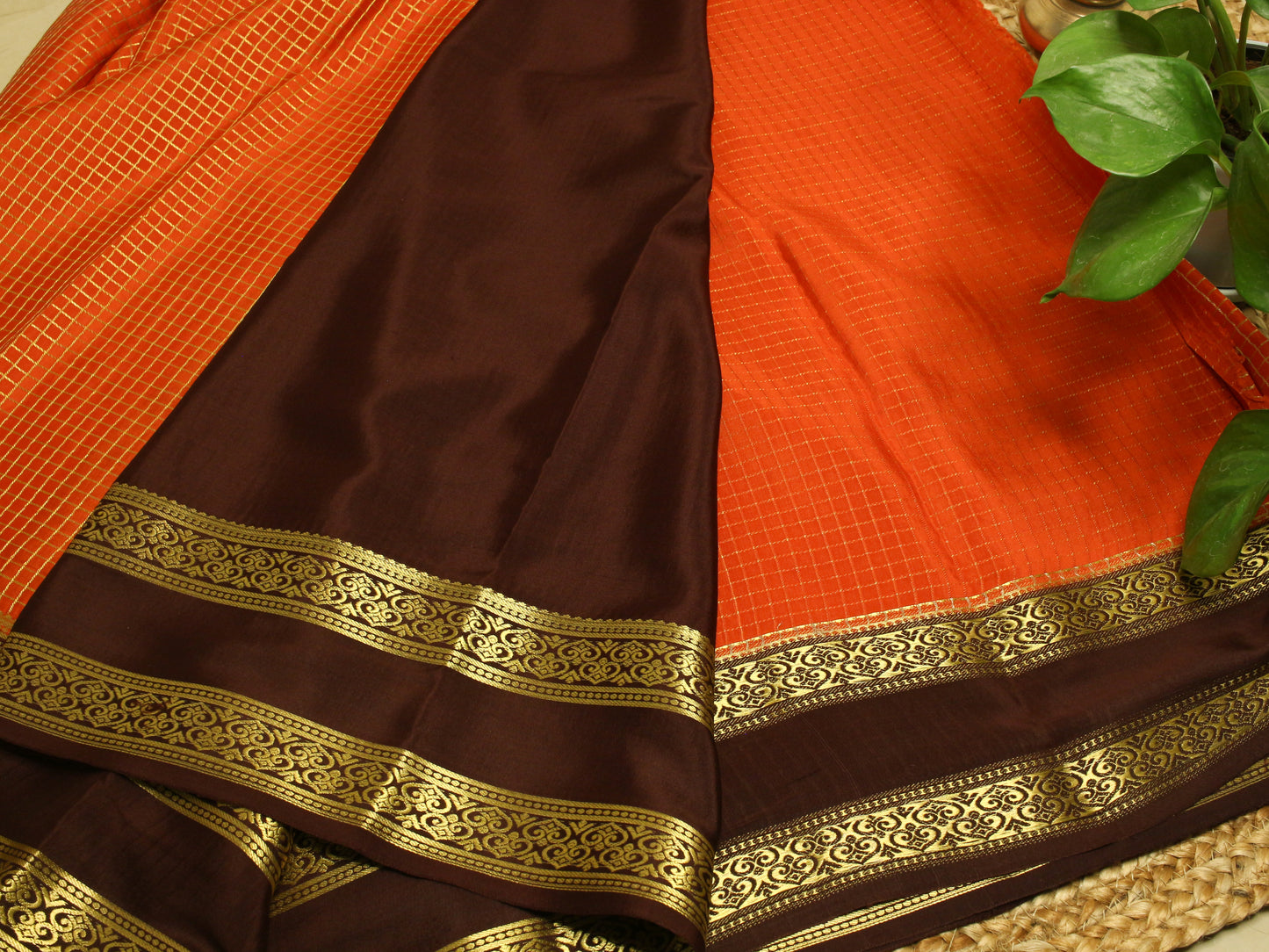 Mysore Silk Crepe Saree - Rust Orange with brown Border | 140 GSM Elegance