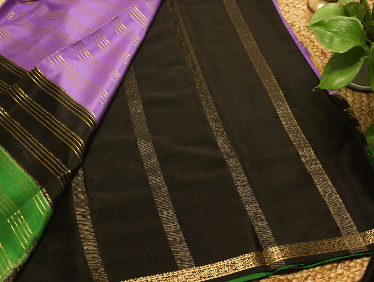 3D Lavender striped Mysore Silk Crepe Saree with Gold Zari Accents – Green, Black & Lavender