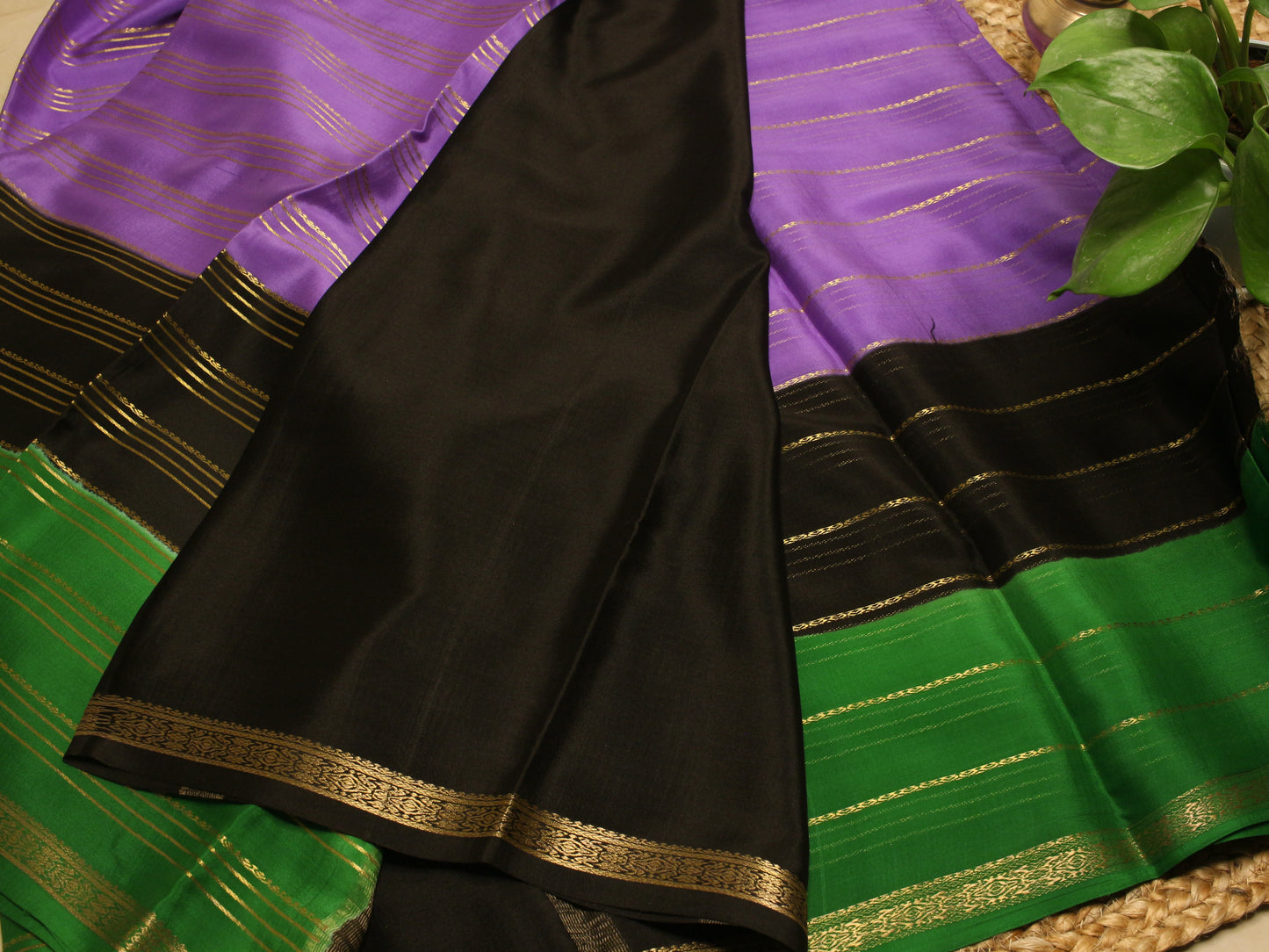 3D Lavender striped Mysore Silk Crepe Saree with Gold Zari Accents – Green, Black & Lavender