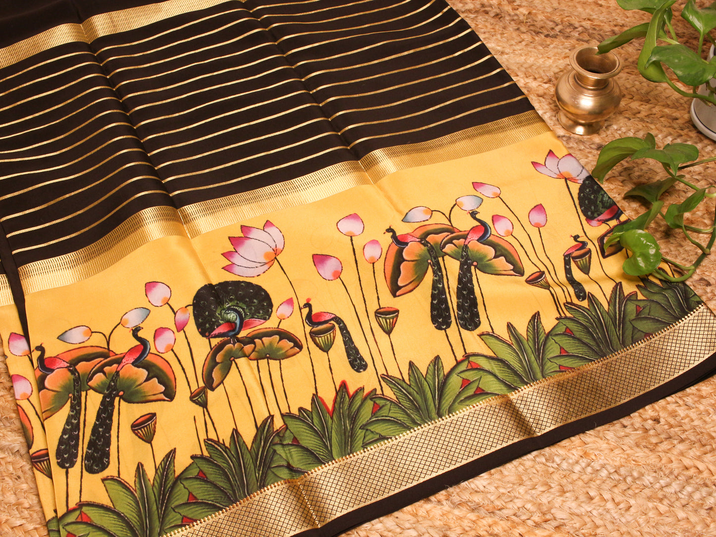 Black Mysore Silk Crepe Saree with printed Lotus & Peacock border.