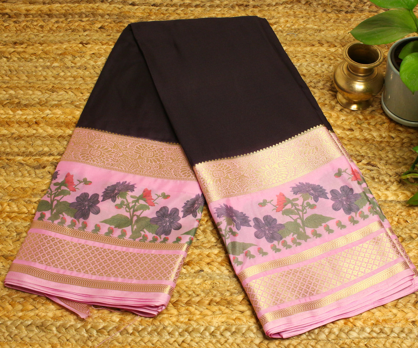 Elegant Semi Mysore Silk Crepe Saree – Black & Blush Pink with Floral Motifs
