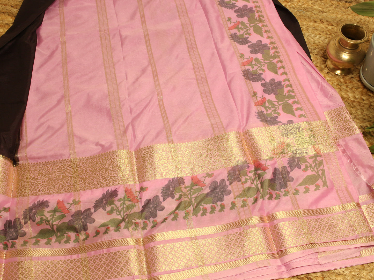 Elegant Semi Mysore Silk Crepe Saree – Black & Blush Pink with Floral Motifs