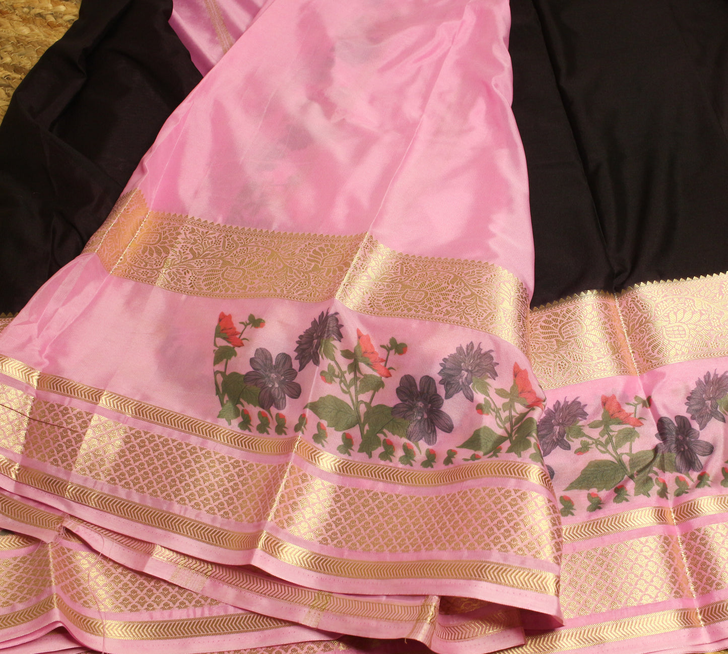 Elegant Semi Mysore Silk Crepe Saree – Black & Blush Pink with Floral Motifs