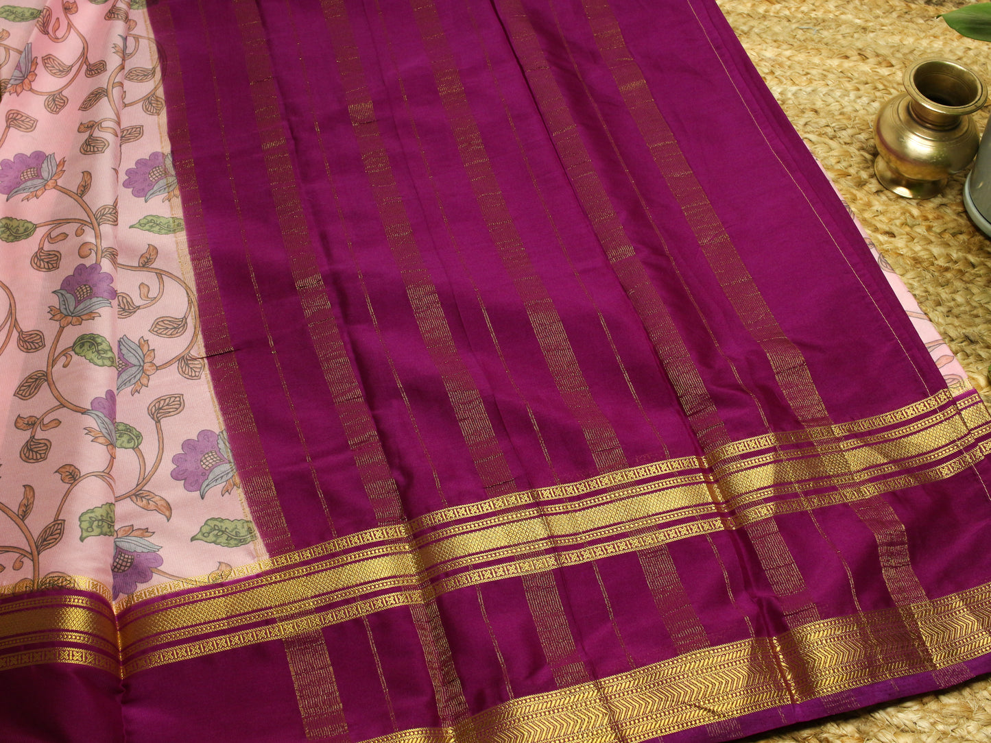 Elegant Semi Mysore Silk Crepe Saree – Pink & Purple with Floral Motifs