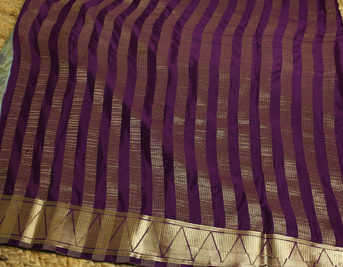 Half and half purple Semi Crepe Silk Saree with Pastel pink bottom & Gold Zari Chevron Border.