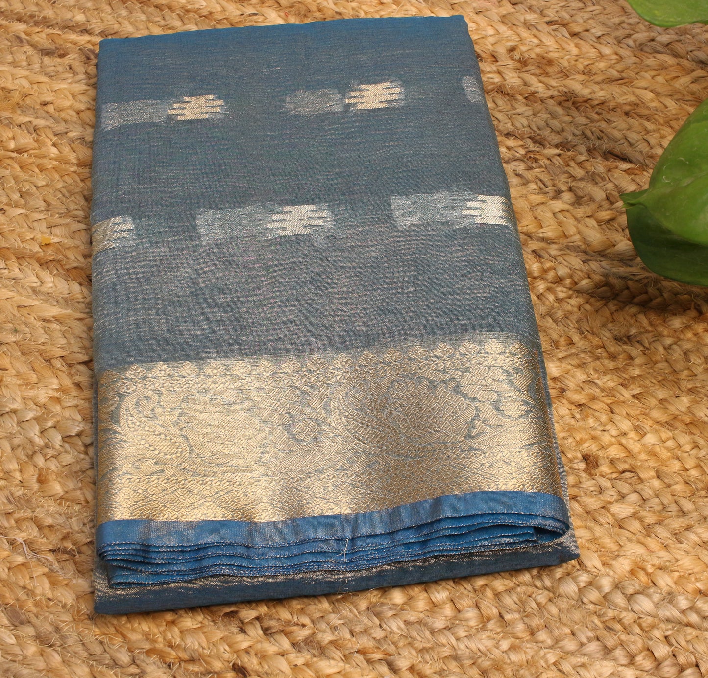 Blue Tissue Saree with Zari Border & Buti Accents