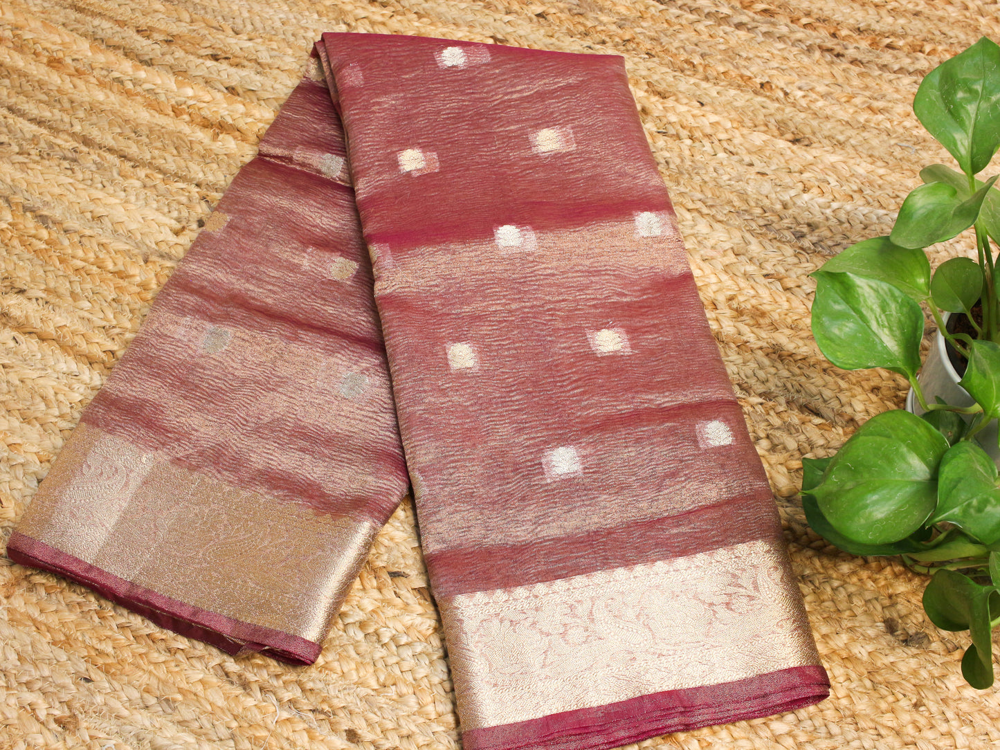 Rich Wine Crush Tissue Saree with Zari Border & Buti Accents