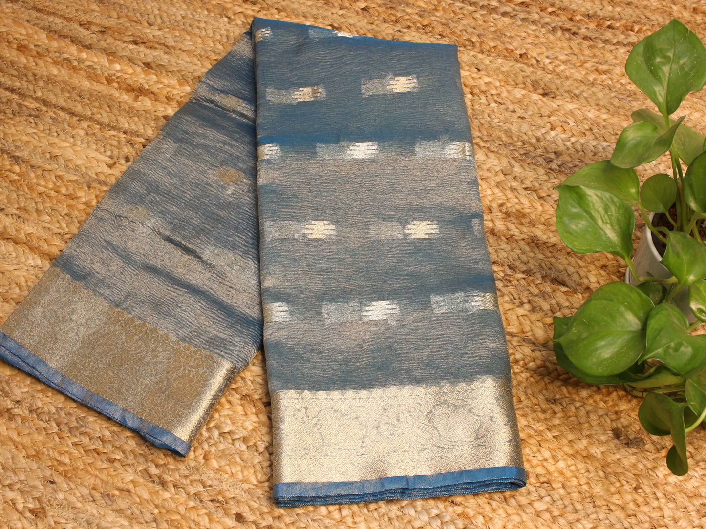 Blue Tissue Saree with Zari Border & Buti Accents