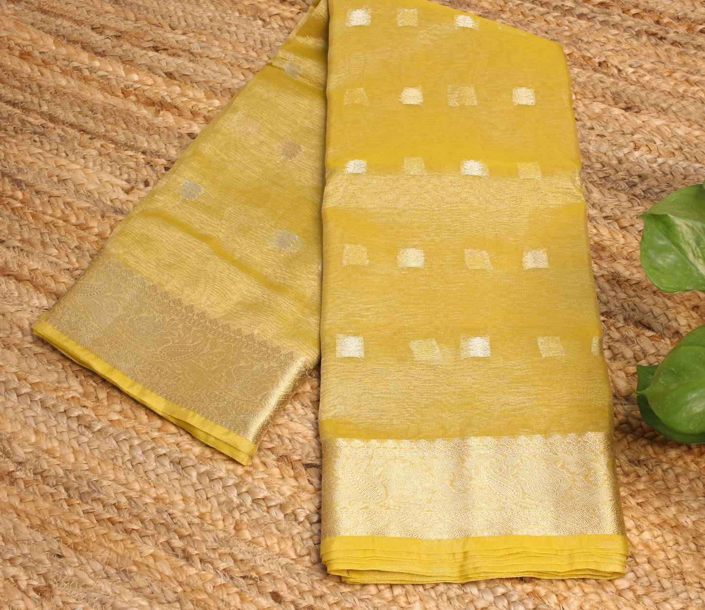 Yellow Crush Tissue Saree with Zari Border & Buti Accents