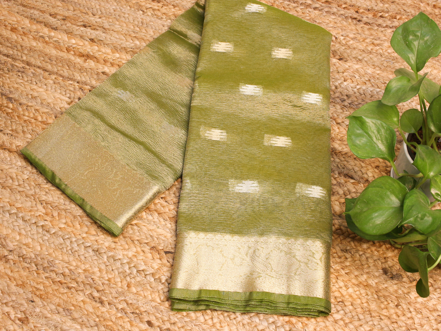 Green Crush Tissue Saree with Zari Border & Buti Accents
