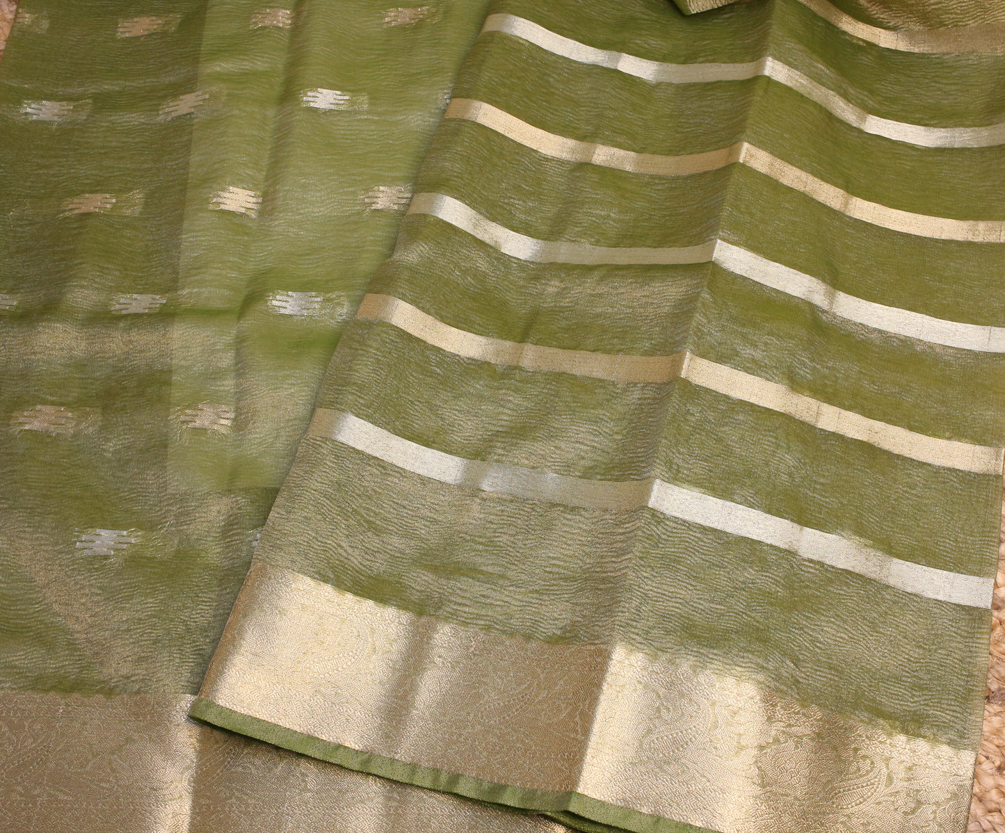 Green Crush Tissue Saree with Zari Border & Buti Accents