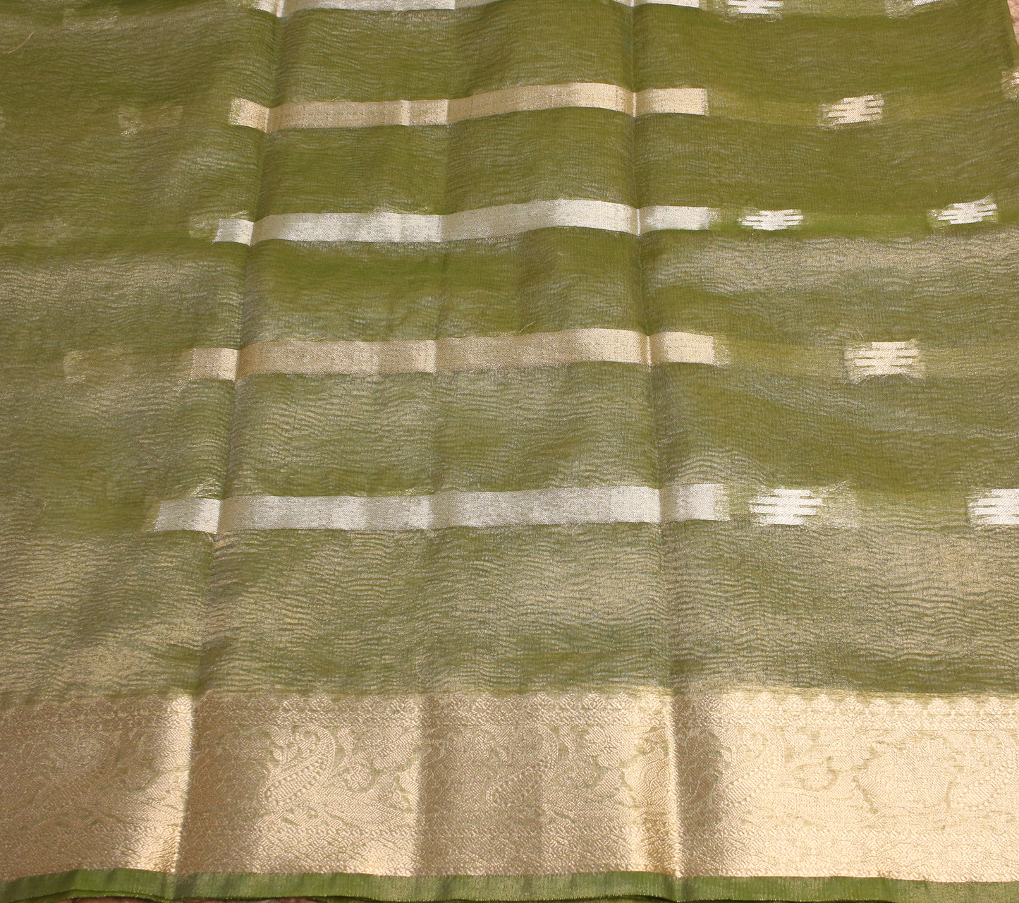 Green Crush Tissue Saree with Zari Border & Buti Accents