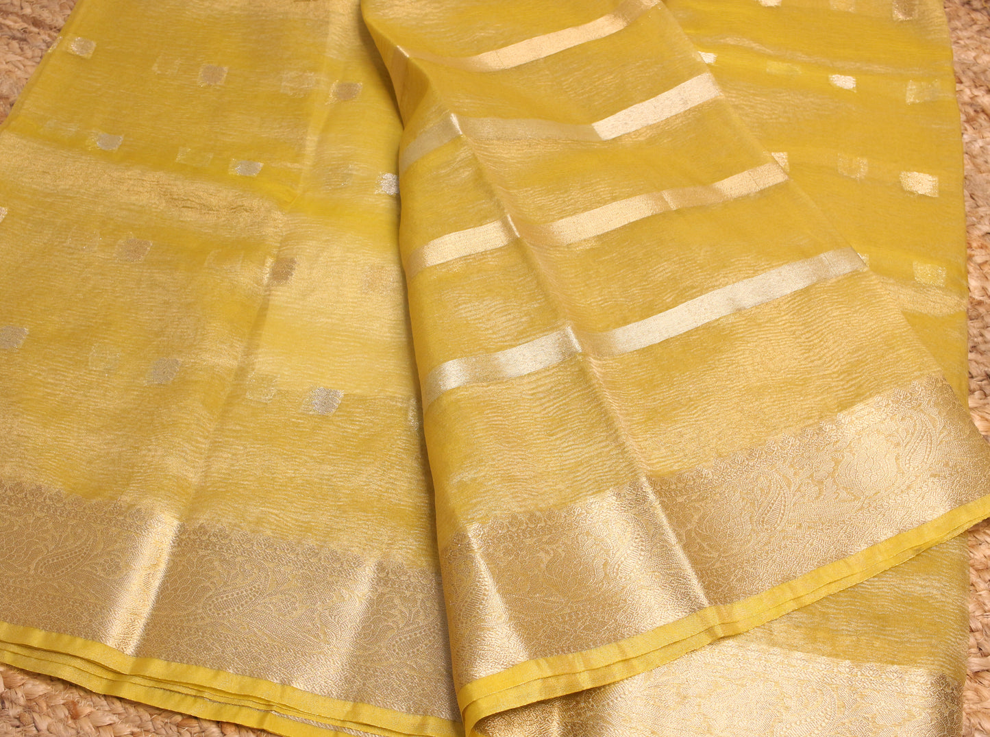 Yellow Crush Tissue Saree with Zari Border & Buti Accents