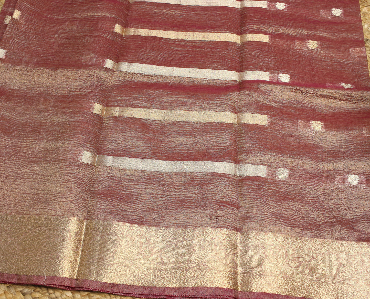 Rich Wine Crush Tissue Saree with Zari Border & Buti Accents