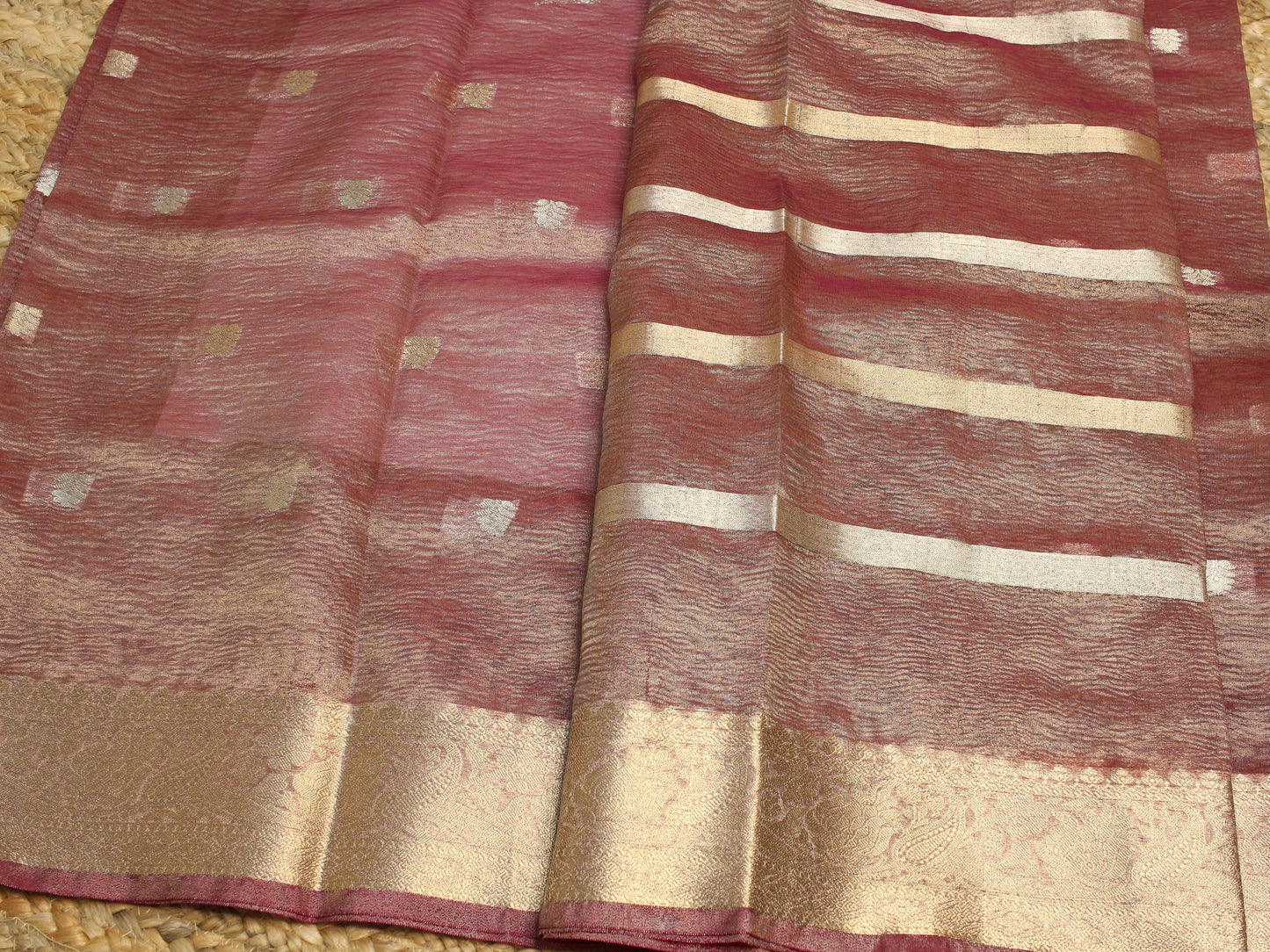 Rich Wine Crush Tissue Saree with Zari Border & Buti Accents