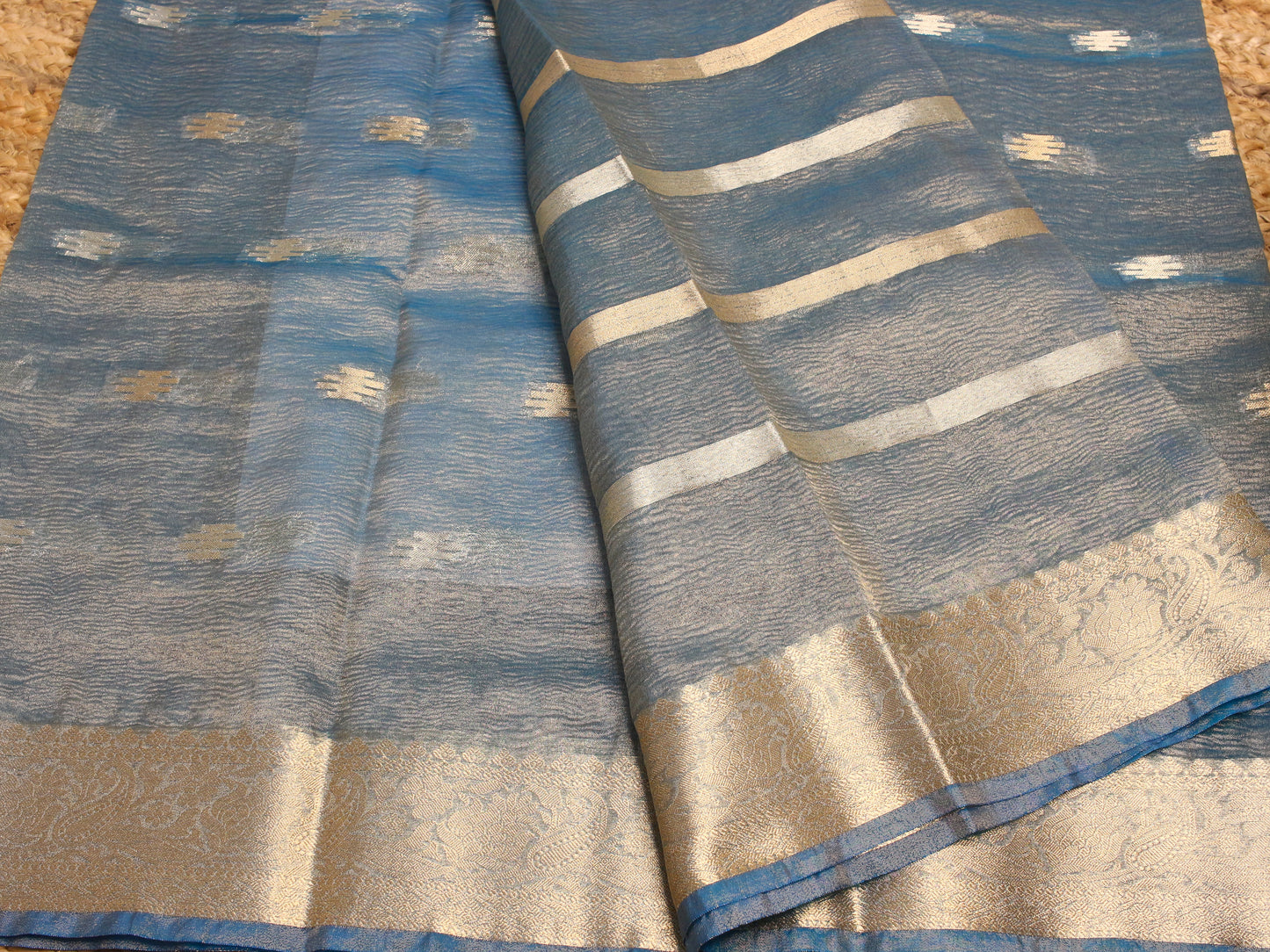 Blue Tissue Saree with Zari Border & Buti Accents