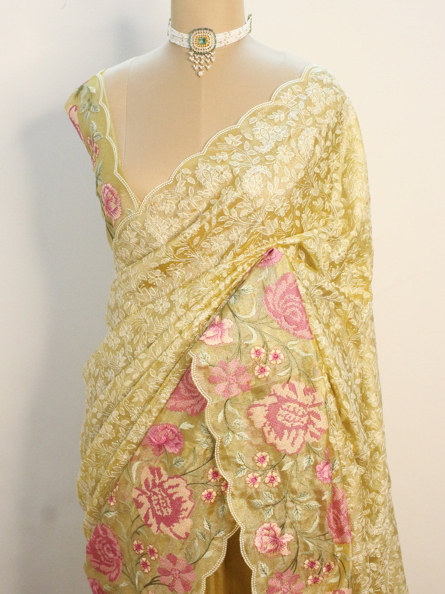 Elegant Tissue Organza Saree with All-Over Chikankari Embroidery - Yellow colour