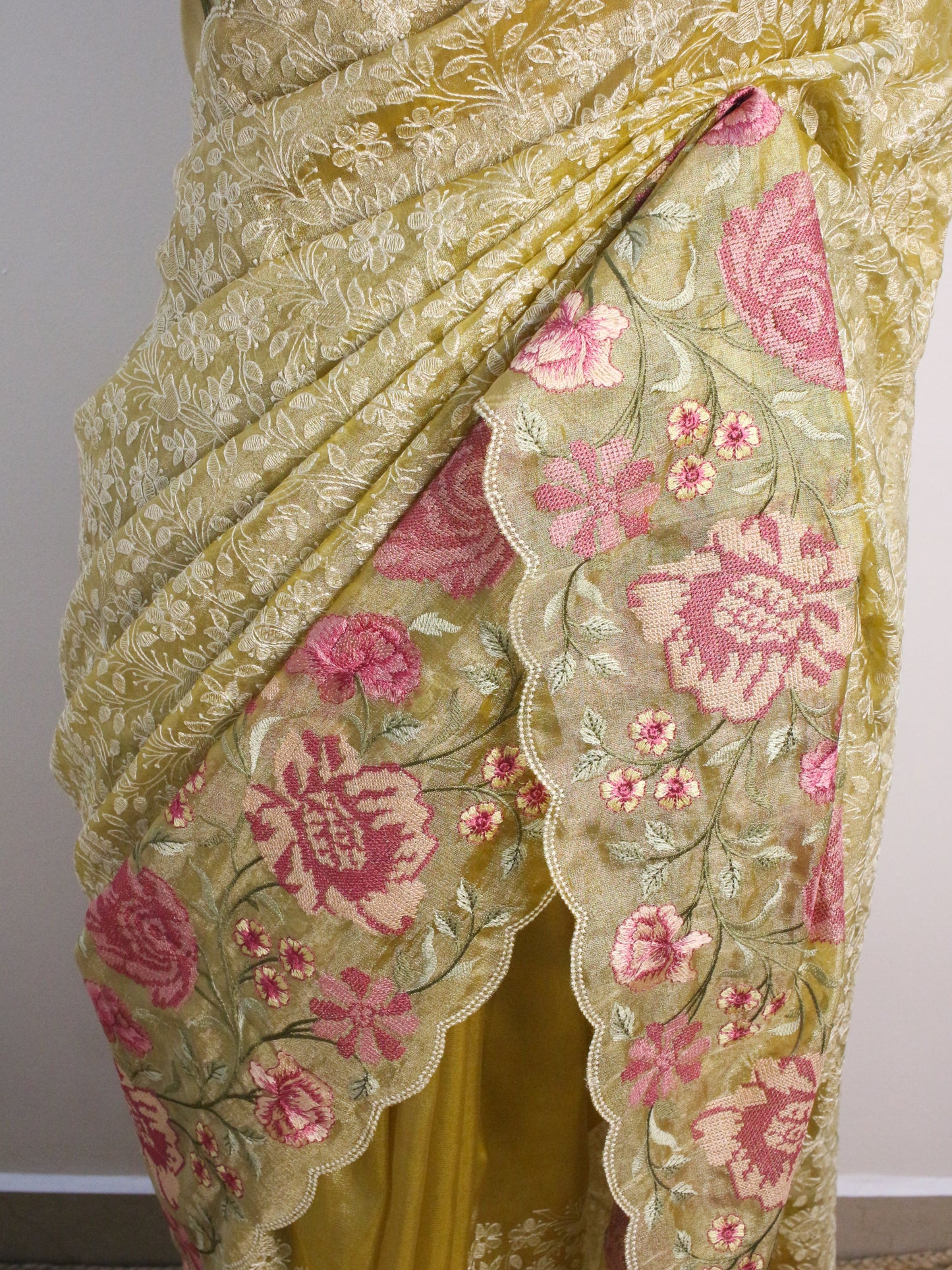 Elegant Tissue Organza Saree with All-Over Chikankari Embroidery - Yellow colour