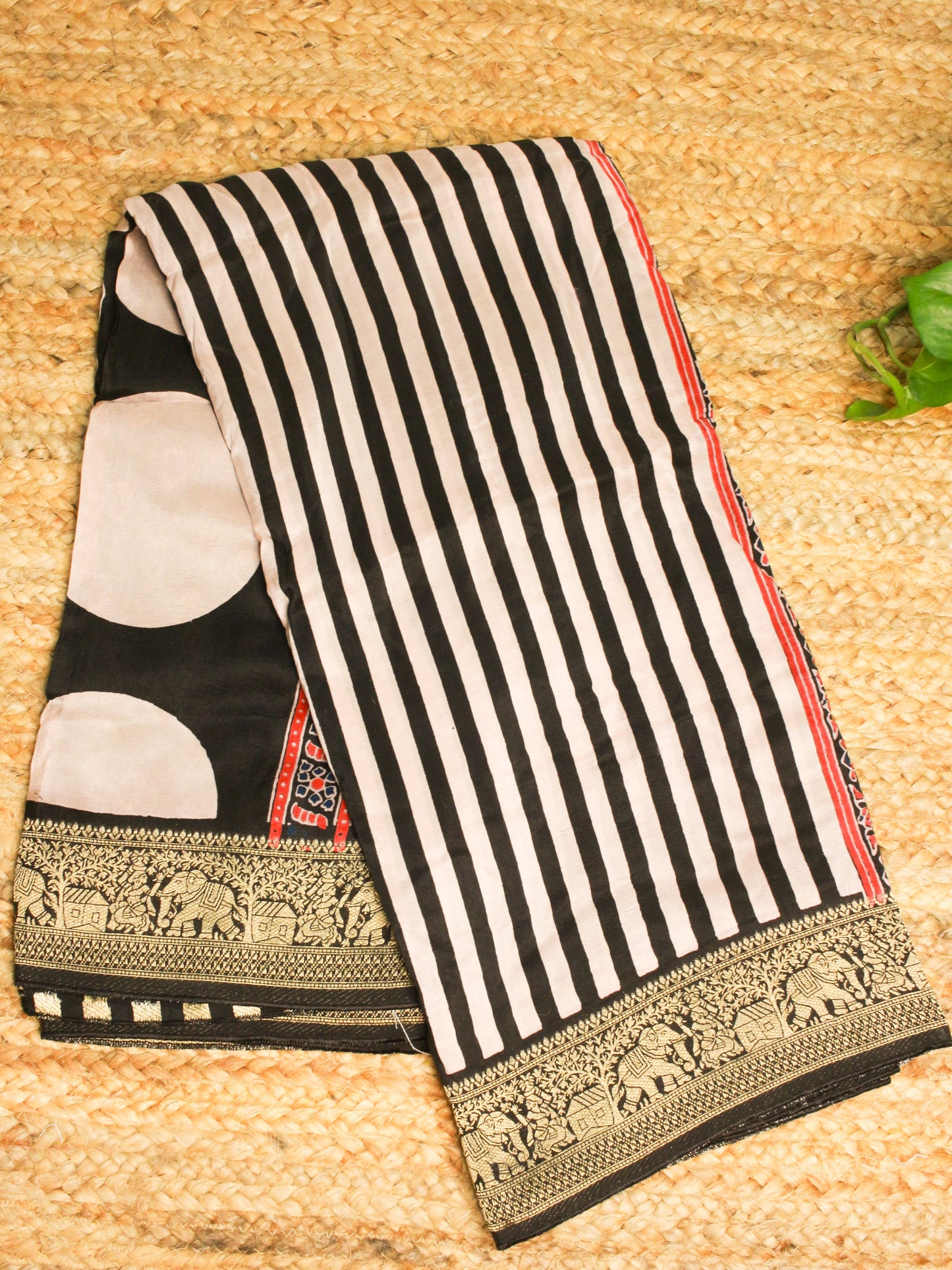 Elegant Black stripes hand Block Ajrakh Print pure Dola Silk Saree with Golden Elephant Border & Pallu