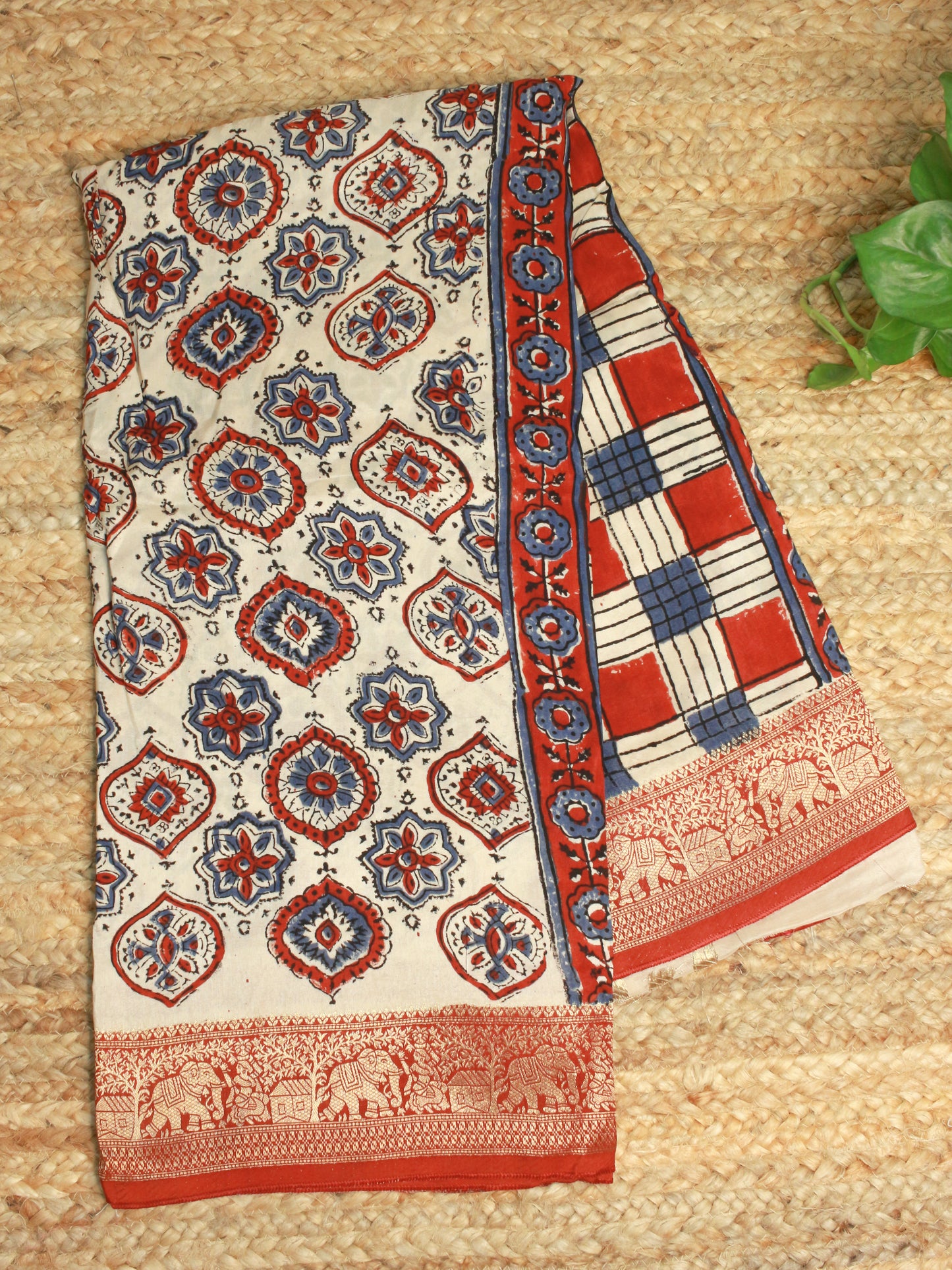 Beige Hand Block Print pure Dola Silk Saree with brick red traditional flower motifs-Golden Elephant Zari Border