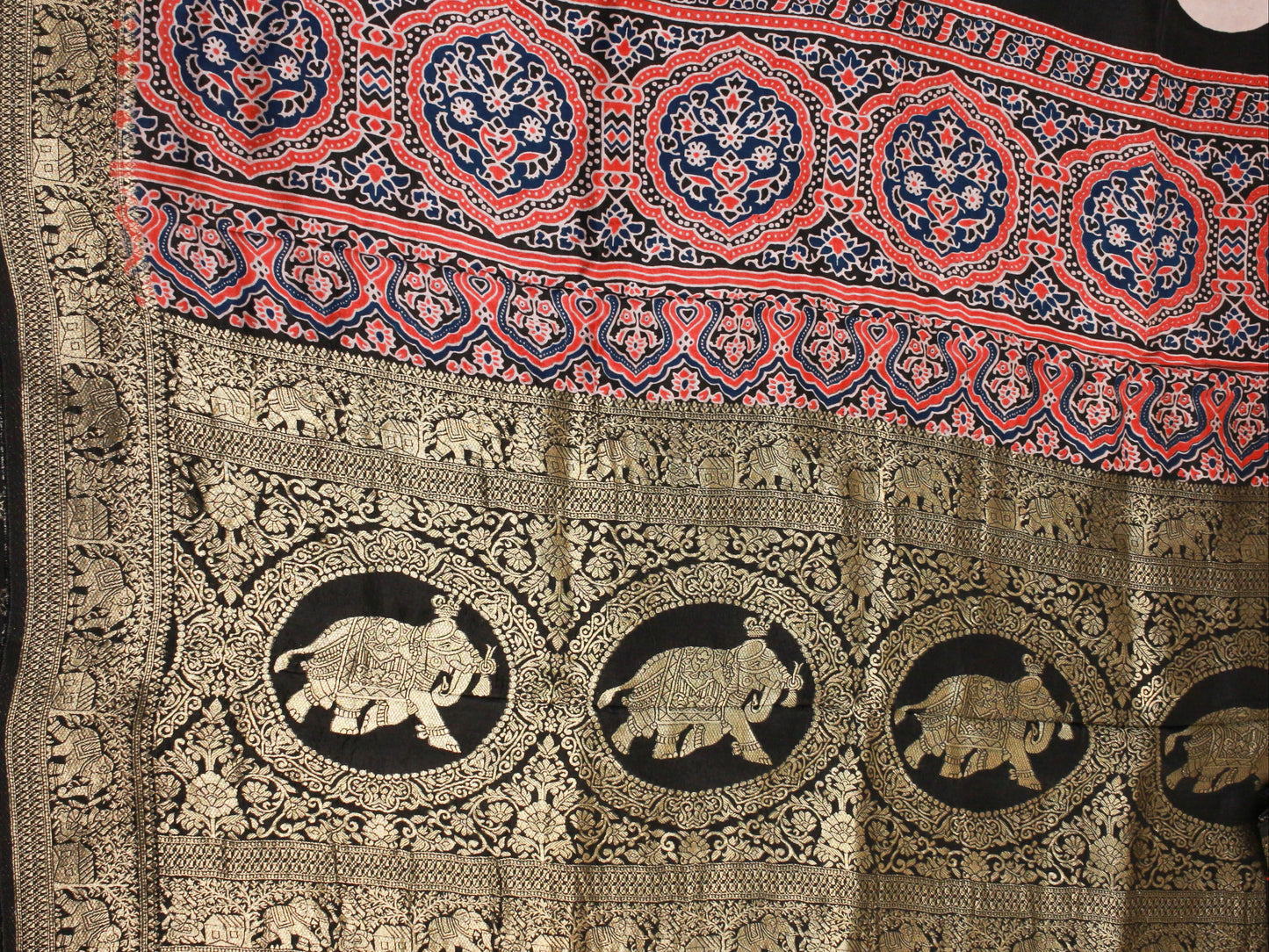 Elegant Black stripes hand Block Ajrakh Print pure Dola Silk Saree with Golden Elephant Border & Pallu