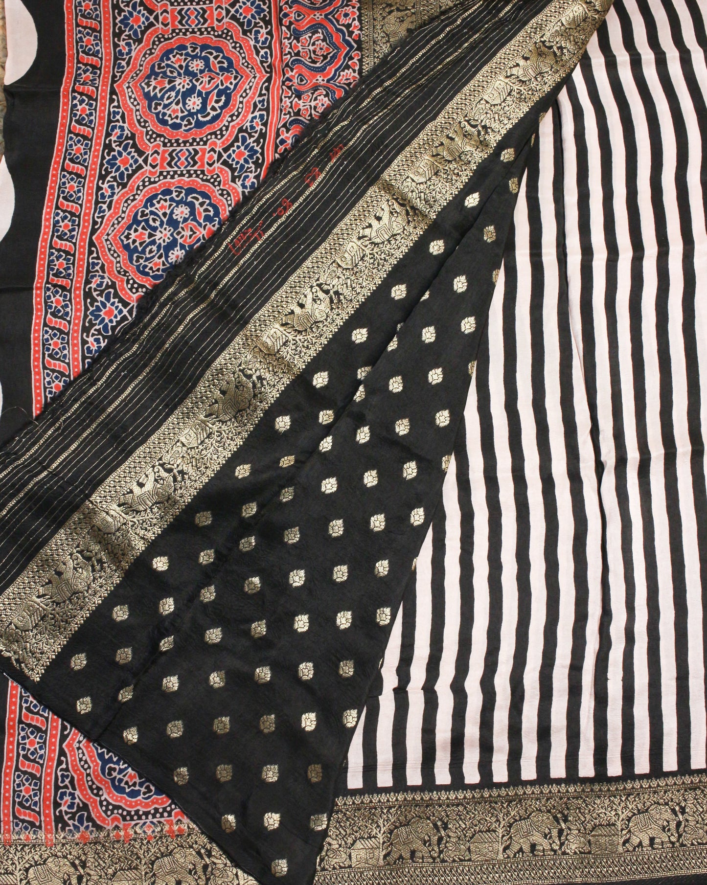 Elegant Black stripes hand Block Ajrakh Print pure Dola Silk Saree with Golden Elephant Border & Pallu