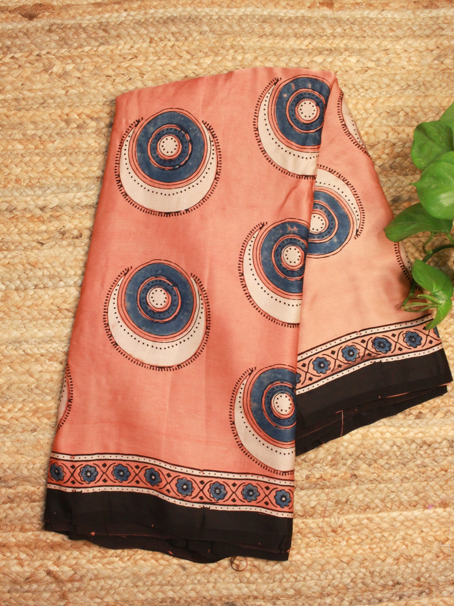 Blush Peach Pure Modal Silk Saree with Indigo Ajrakh Print & Zari Pallu