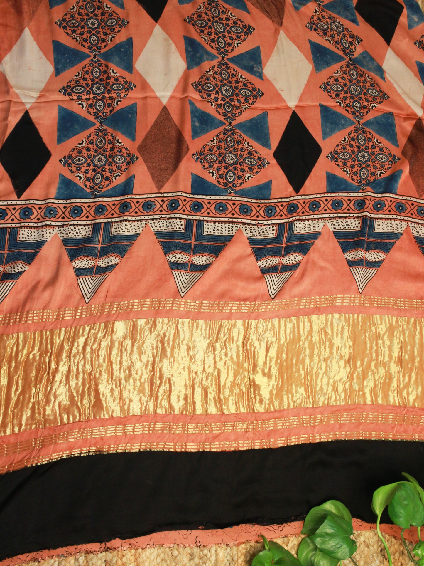Blush Peach Pure Modal Silk Saree with Indigo Ajrakh Print & Zari Pallu