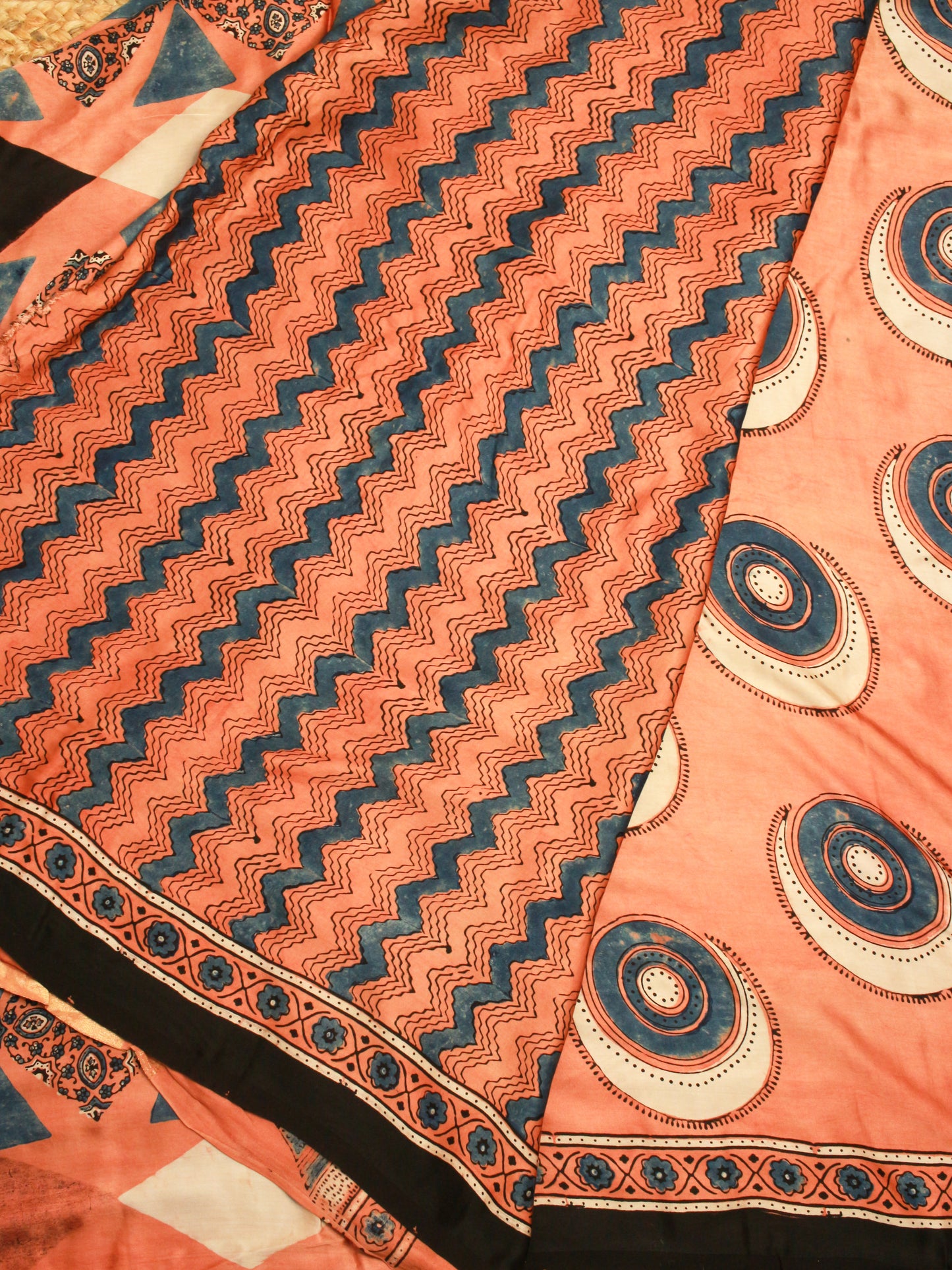 Blush Peach Pure Modal Silk Saree with Indigo Ajrakh Print & Zari Pallu