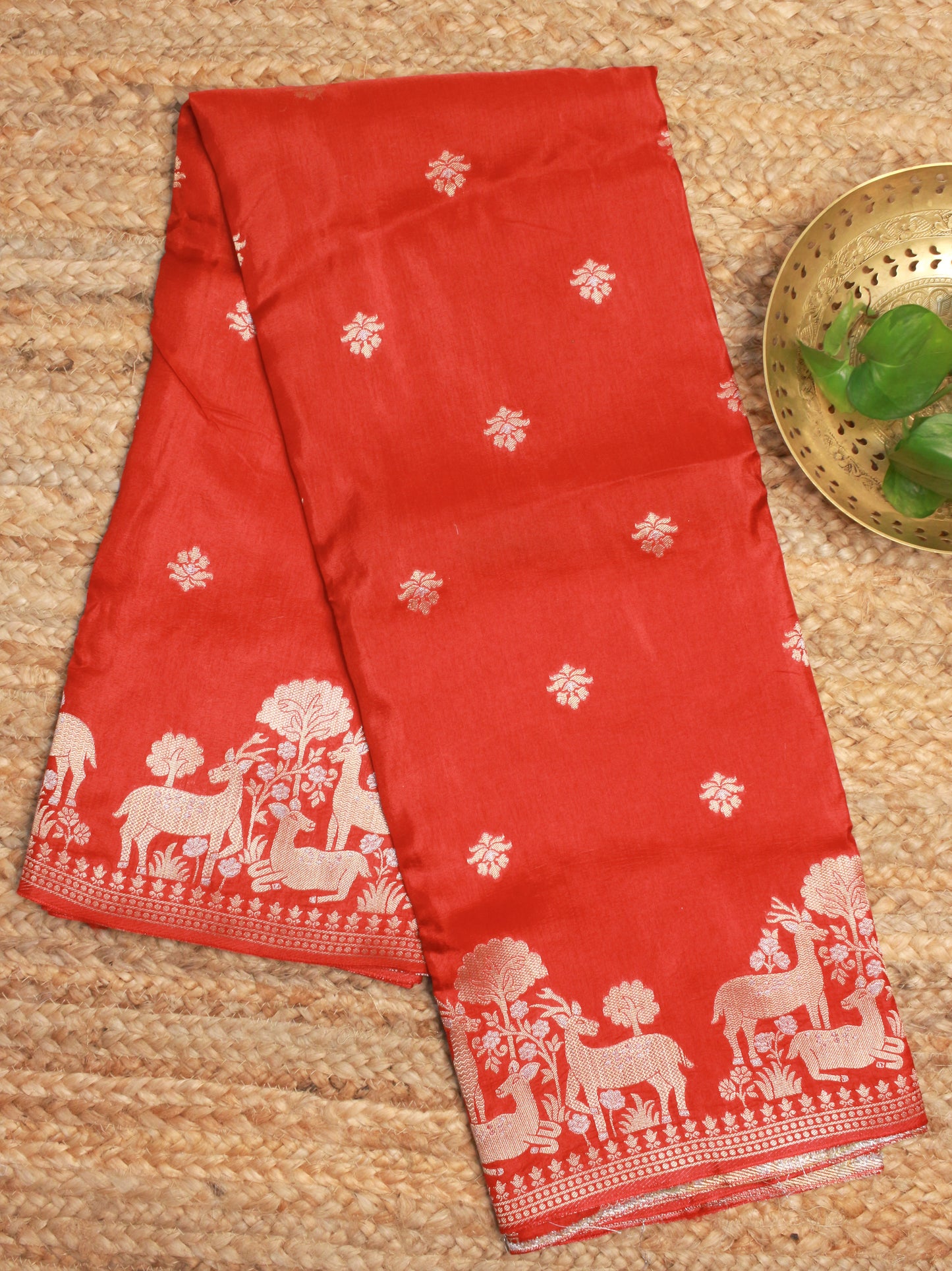 Rust Red Banarasi Russian Silk Saree with Antique Zari Deer Motif Border