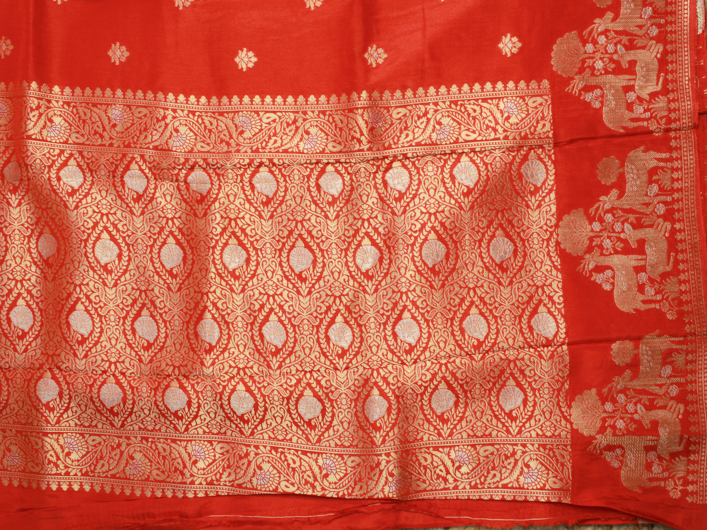 Rust Red Banarasi Russian Silk Saree with Antique Zari Deer Motif Border