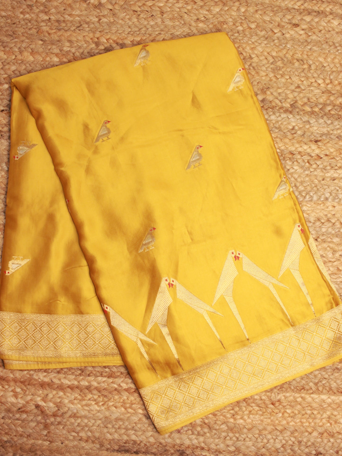 Mustard Yellow Banarasi Mashru Silk Saree with Parrot Motif and Zari Border