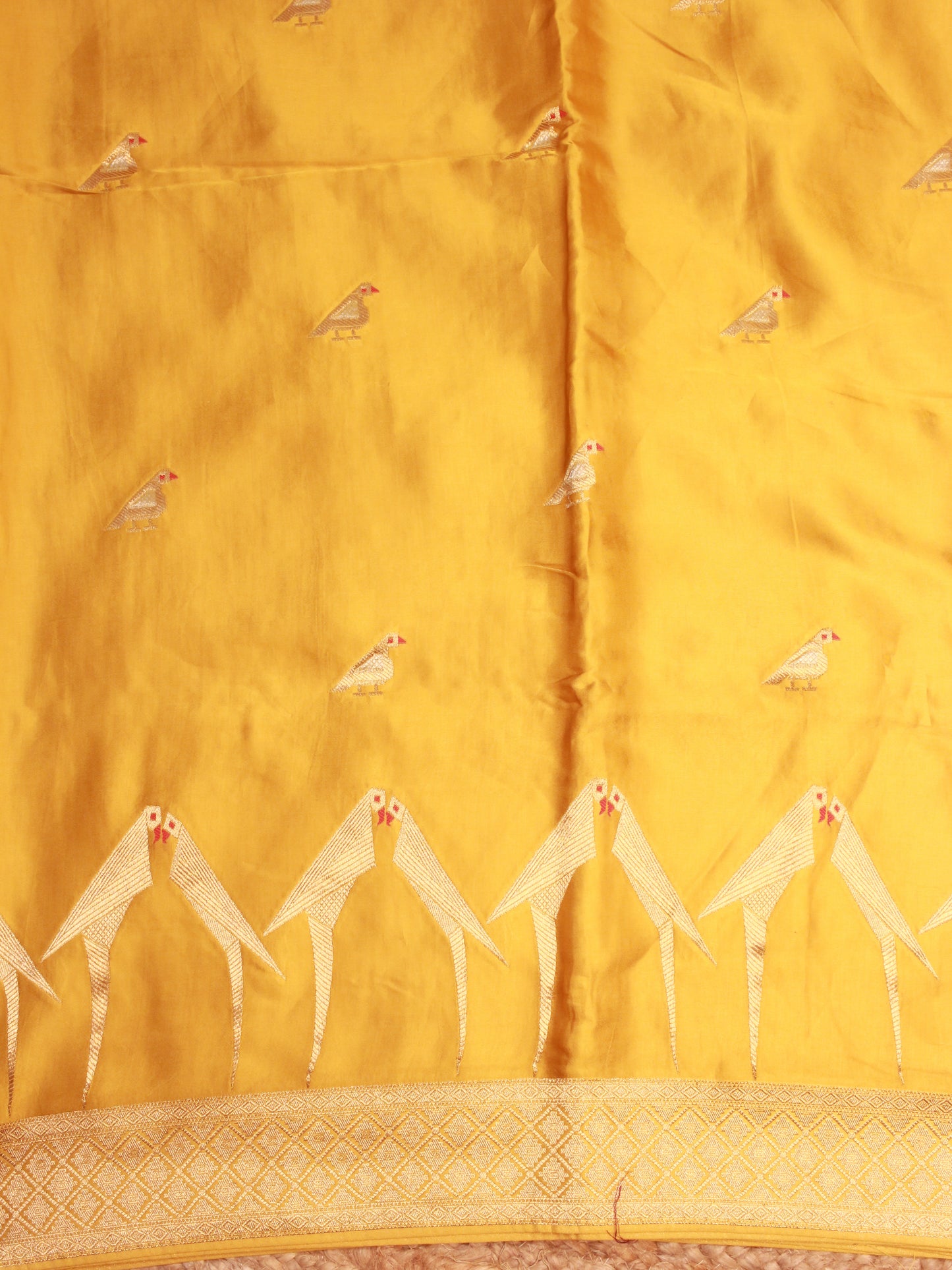 Mustard Yellow Banarasi Mashru Silk Saree with Parrot Motif and Zari Border